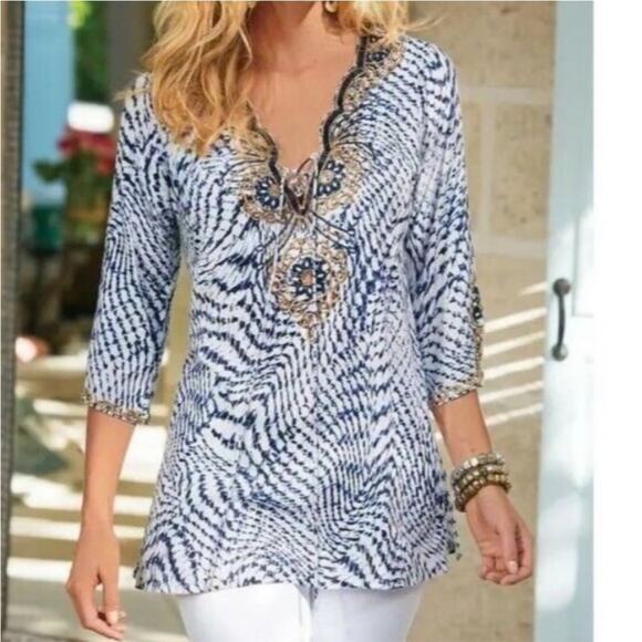 Soft Surroundings South Beach Beaded Blue Abstract Wave Cover-Up Tunic Size 1X - Picture 2 of 7